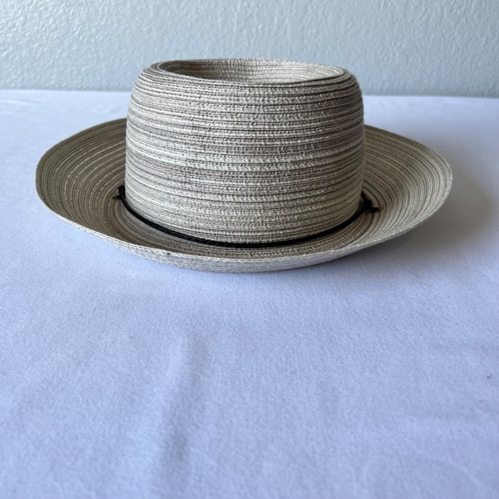 *FIRM PRICE* Scala gray and tan woven hat with leather strap and drawstring inte - Picture 6 of 15